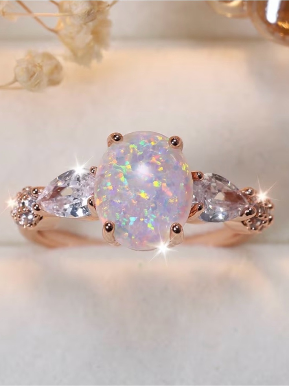 Gold Opal Halo Sparkling Stones Ring.